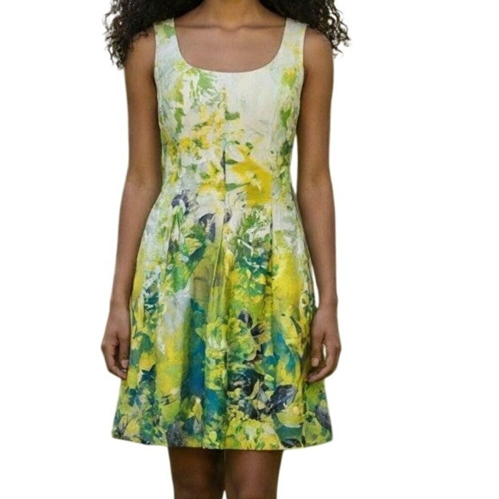 Nine West Floral Fit N Flare Dress Sz10 Yellow Green Blue White Sundress Pockets
